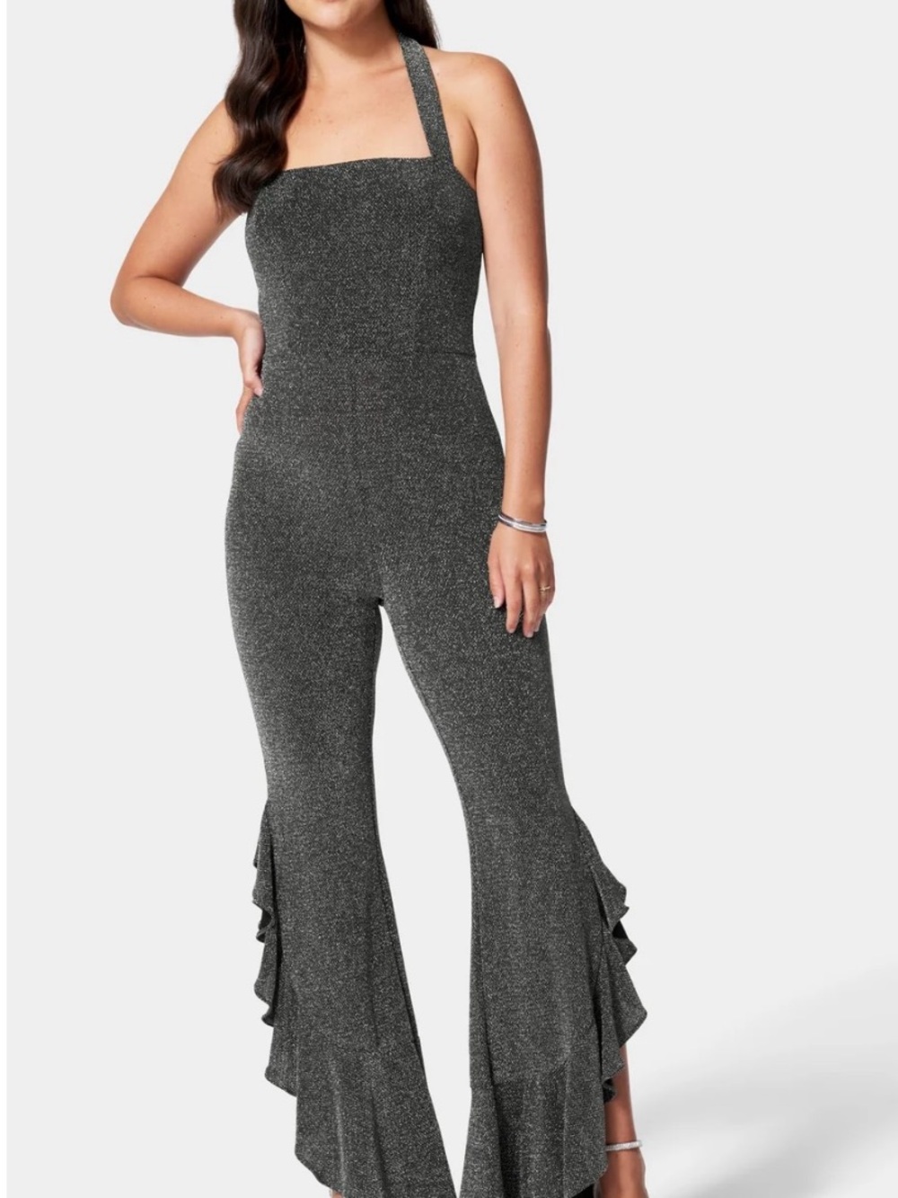 bebe Charcoal Sparkle Halter Ruffle Flare Jumpsuit